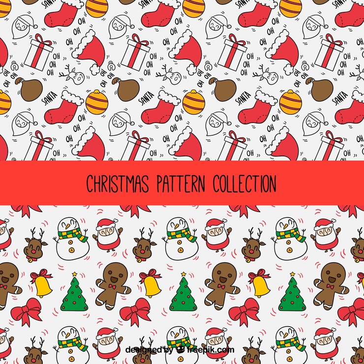 Vector gratuito patrones de navidad con simpáticos personajes dibujados a mano y elementos