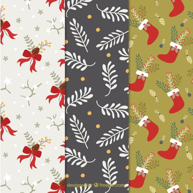 Patrones navideños con decoración floral y objetos
