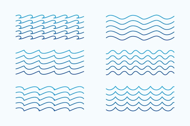 Vector gratuito patrones de olas marinas establecidos en estilos de línea