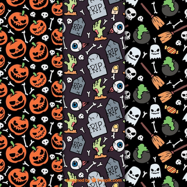 Vector gratuito patrones temáticos de halloween con muchos detalles