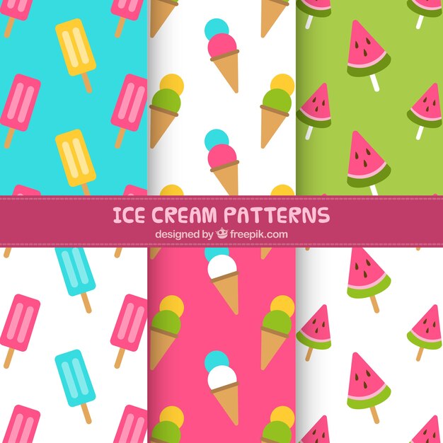 Patrones veraniegos planos con helados en diseño plano