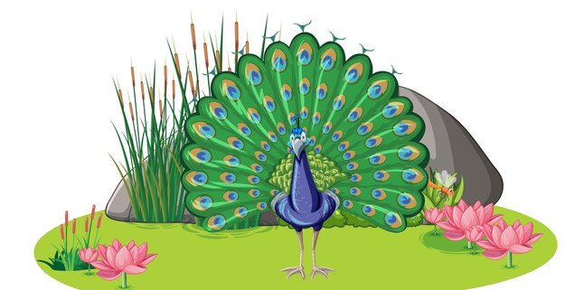 Un pavo real con elemento de la naturaleza sobre fondo blanco.