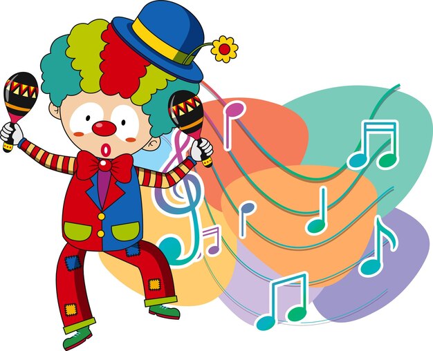 Payaso agitando maracas con notas musicales sobre fondo blanco.