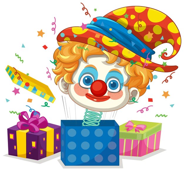 Un payaso colorido en cajas de regalos