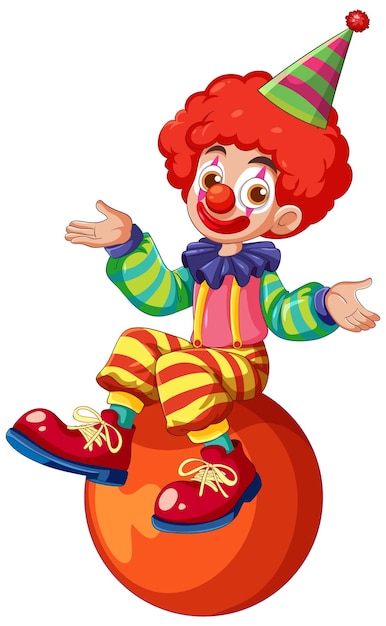 Un payaso colorido equilibrándose en una pelota roja