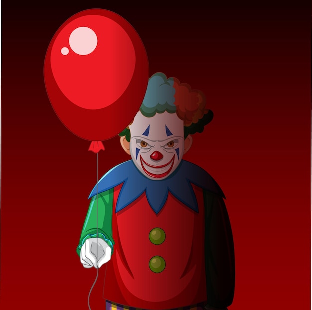 Vector gratuito payaso espeluznante sosteniendo globo sobre fondo rojo.