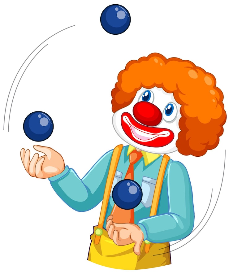 Vector gratuito un payaso haciendo malabares con pelotas sobre fondo blanco.