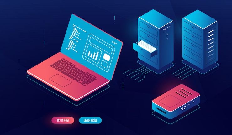 Vector gratuito pc portátil con procesamiento de datos en pantalla, computación en la nube, elemento de sala de servidor isométrico