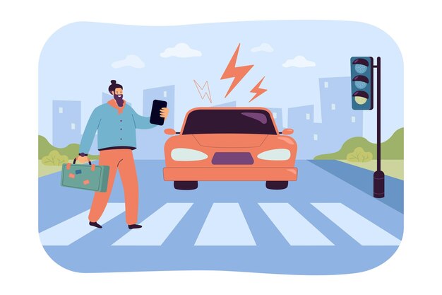 Peatón descuidado mirando el teléfono en el paso de peatones. Conducción de automóviles hacia el hombre que cruza la cebra en el semáforo verde, peligro de accidente ilustración plana