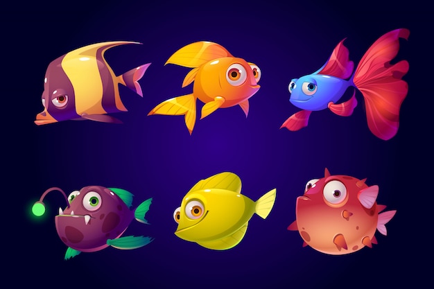 Peces de mar, conjunto de criaturas tropicales de acuarios coloridos