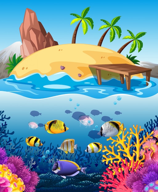 Vector gratuito peces nadando bajo el agua e isla