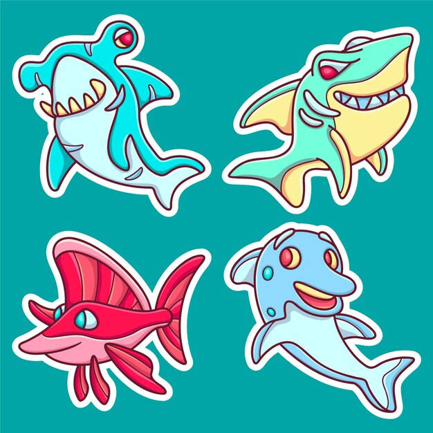 Peces Pegatina Iconos Dibujado A Mano Para Colorear Vector