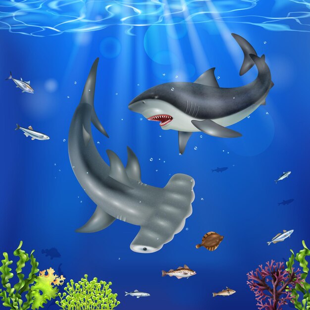 Peces de tiburón realistas en el mar en la ilustración de vector de fondo submarino profundo