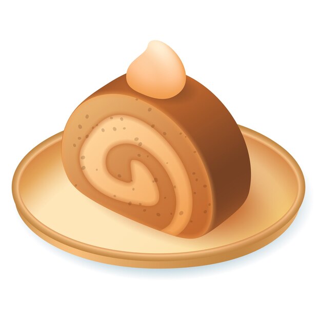 Pedazo de pastel de rollo 3d ilustración vectorial. Postre de chocolate en plato en casa o restaurante en estilo de dibujos animados aislado sobre fondo blanco. Restaurante, menú, concepto de comida.