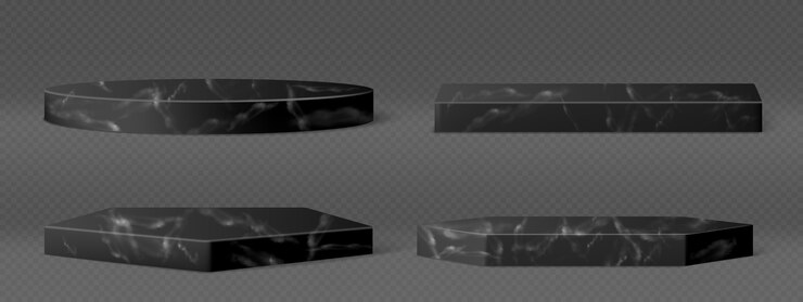 Vector gratuito pedestales de mármol negro para exhibir productos cosméticos, exhibiciones o trofeos. vector realista conjunto de podios de piedra vacíos, plataformas de diferentes formas aisladas sobre fondo transparente