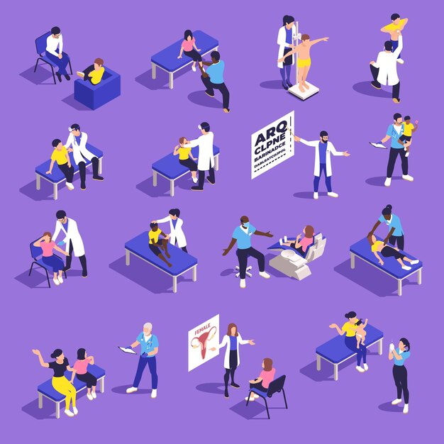 Pediatría pediatra conjunto isométrico de íconos aislados con personajes humanos de médicos niños y sus padres ilustración vectorial