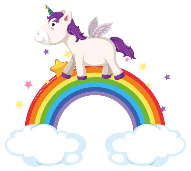 Pegaso de dibujos animados de pie en el arco iris