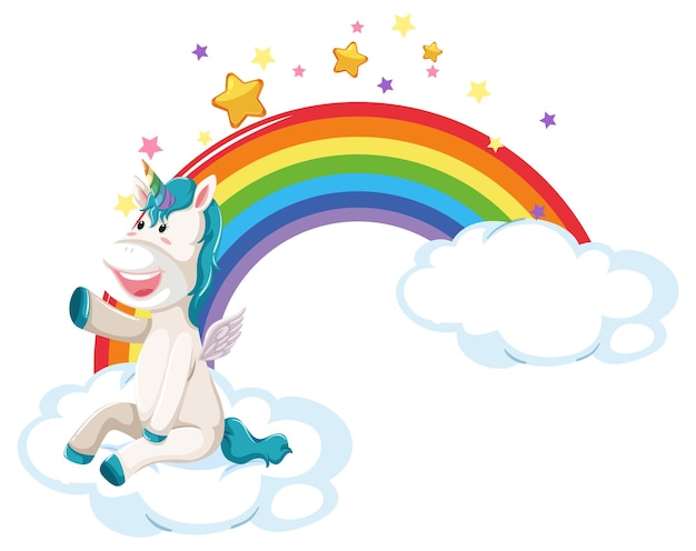 Pegaso de dibujos animados sentado en una nube con arco iris