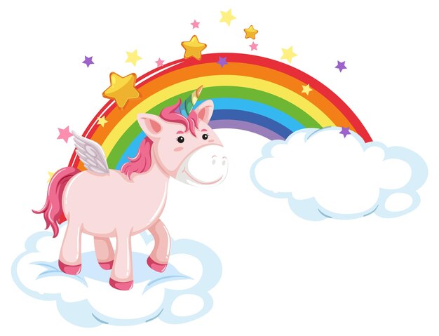 Pegaso rosa de pie sobre una nube con arco iris