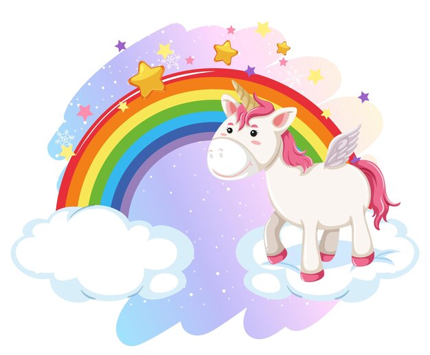Pegaso rosa de pie sobre una nube con arco iris