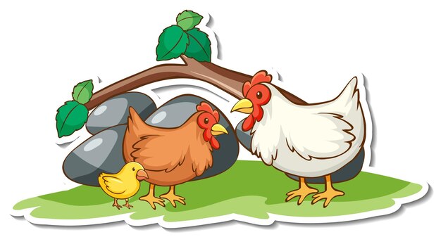 Pegatina familia de pollos con elemento de la naturaleza
