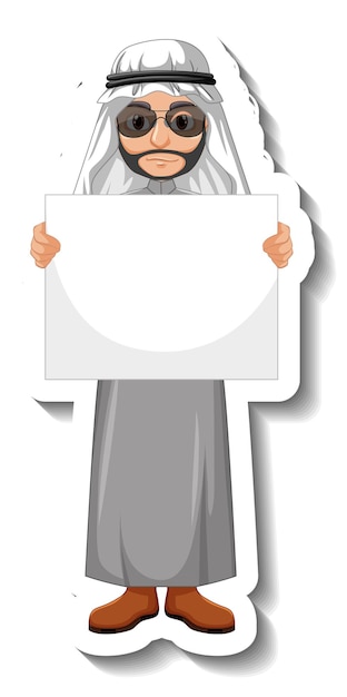 Pegatina hombre árabe con tablero en blanco sobre fondo blanco.