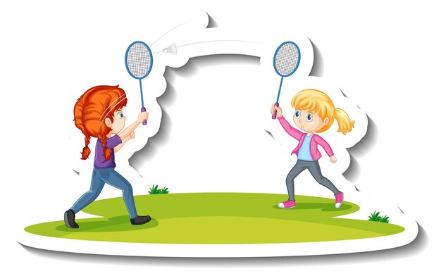 Pegatina de personaje de dibujos animados de dos niñas jugando al bádminton