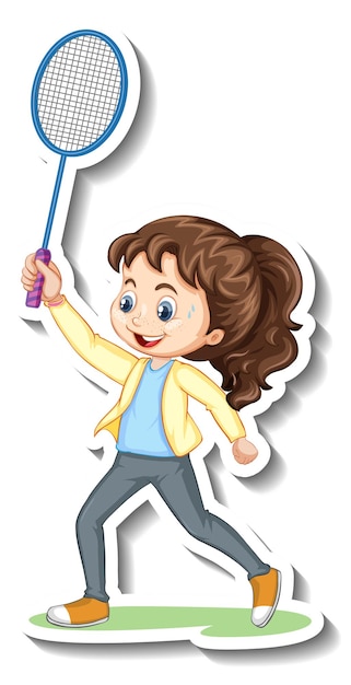 Vector gratuito pegatina de personaje de dibujos animados con una niña jugando al bádminton