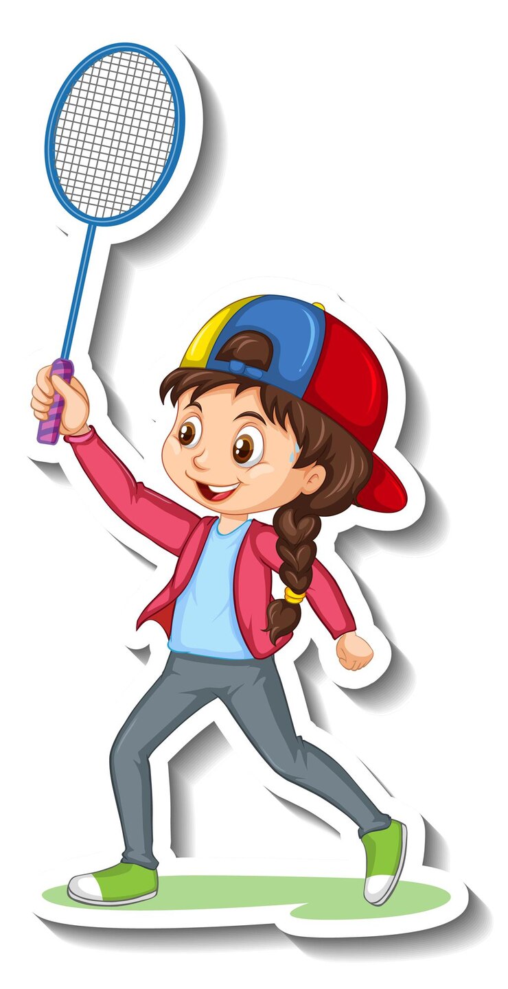 Vector gratuito pegatina de personaje de dibujos animados con una niña jugando al bádminton