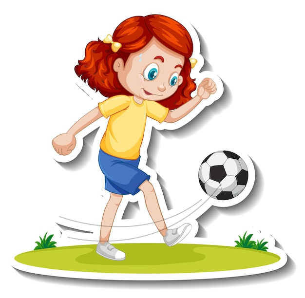 Pegatina de personaje de dibujos animados con una niña jugando al fútbol