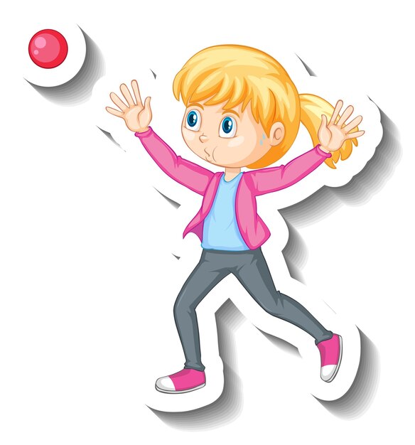 Pegatina de personaje de dibujos animados de una niña lanzando pelota