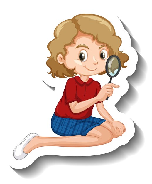 Pegatina de personaje de dibujos animados de una niña con lupa