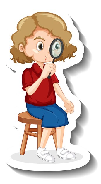 Pegatina de personaje de dibujos animados de una niña con lupa