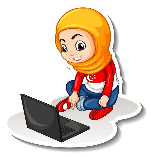 Pegatina de personaje de dibujos animados de niña musulmana con laptop