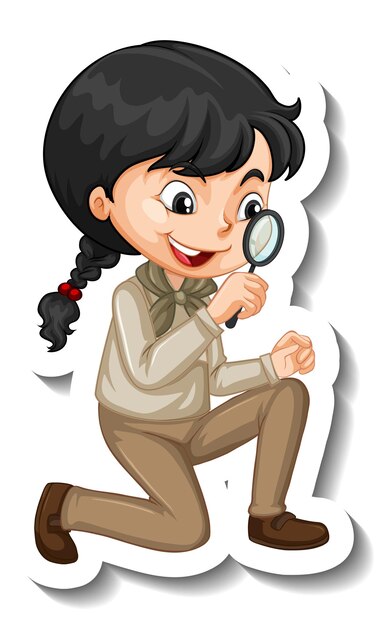 Pegatina de personaje de dibujos animados de niña safari con lupa