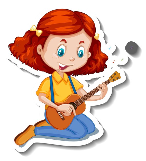 Pegatina de personaje de dibujos animados de una niña tocando la guitarra