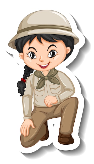 Pegatina de personaje de dibujos animados de niña en traje de safari