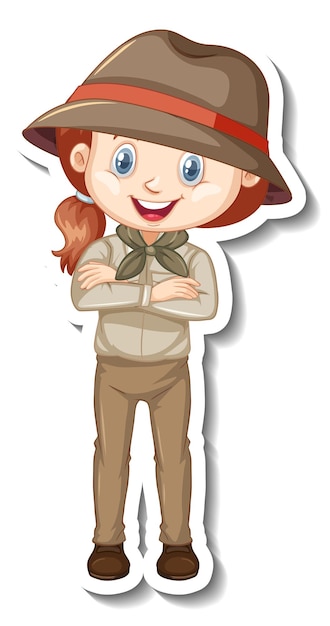 Vector gratuito pegatina de personaje de dibujos animados de niña en traje de safari