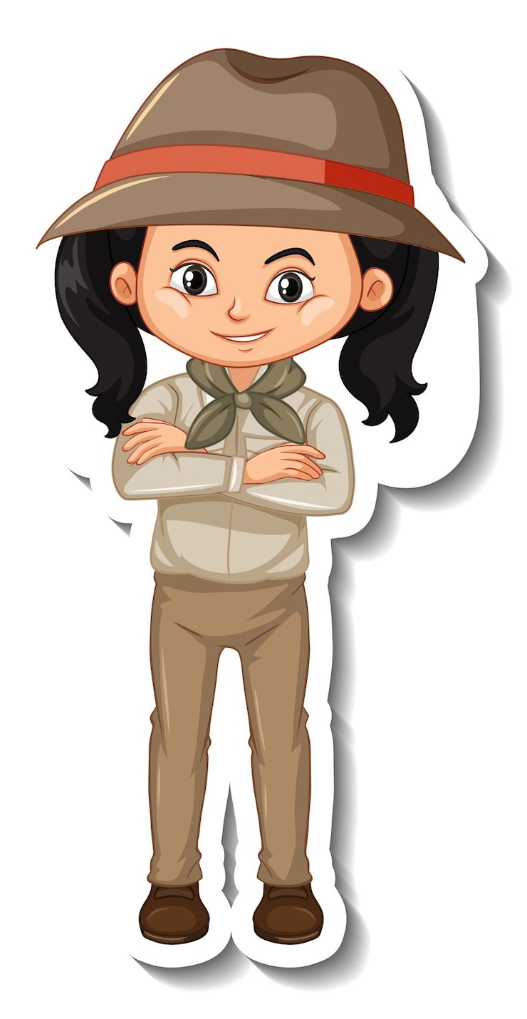 Vector gratuito pegatina de personaje de dibujos animados de niña en traje de safari