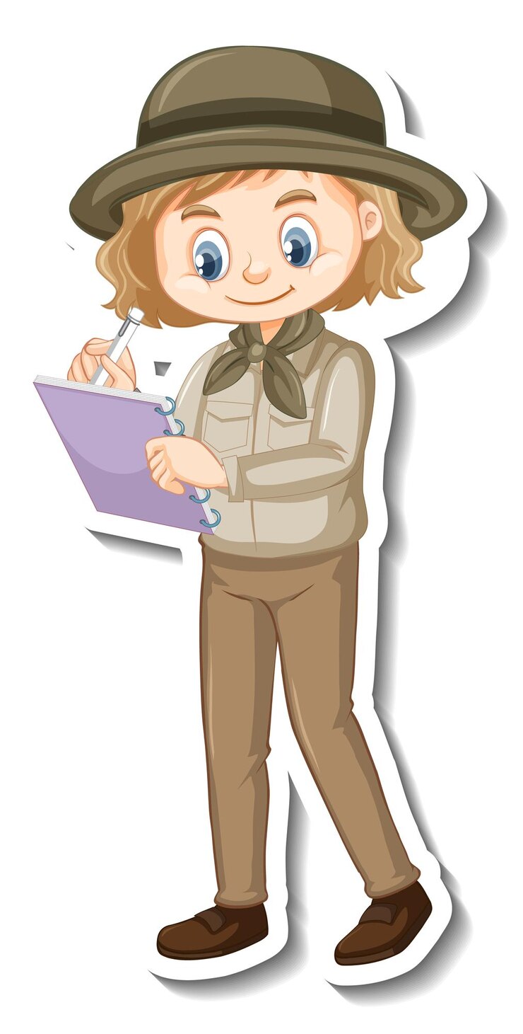 Vector gratuito pegatina de personaje de dibujos animados de niña en traje de safari