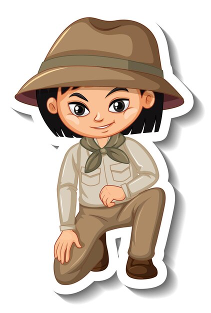 Pegatina de personaje de dibujos animados de niña en traje de safari