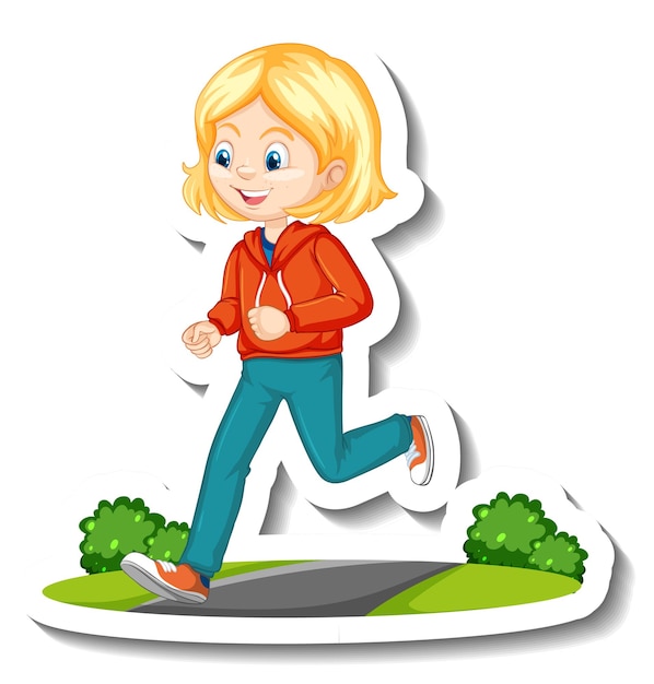 Pegatina de personaje de dibujos animados de una niña trotando