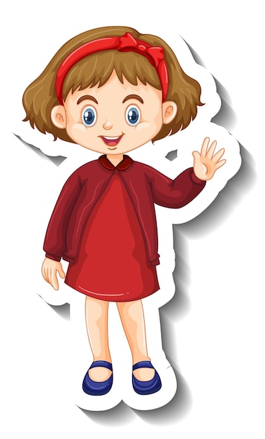 Vector gratuito pegatina de personaje de dibujos animados de niña en vestido rojo