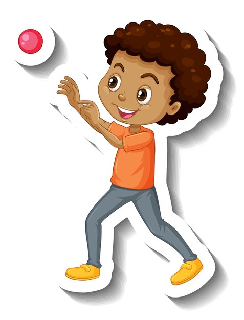 Pegatina de personaje de dibujos animados de un niño lanzando pelota
