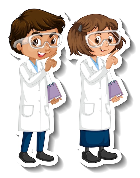 Pegatina de personaje de dibujos animados de niños de pareja de científicos