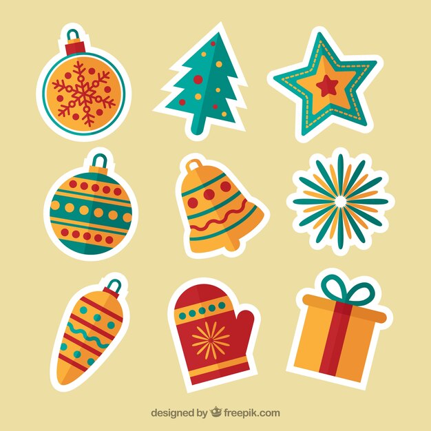 Pegatinas de adornos navideños en diseño plano