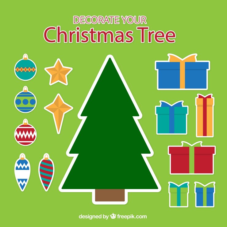 Vector gratuito pegatinas de árbol de navidad con regalos y adornos