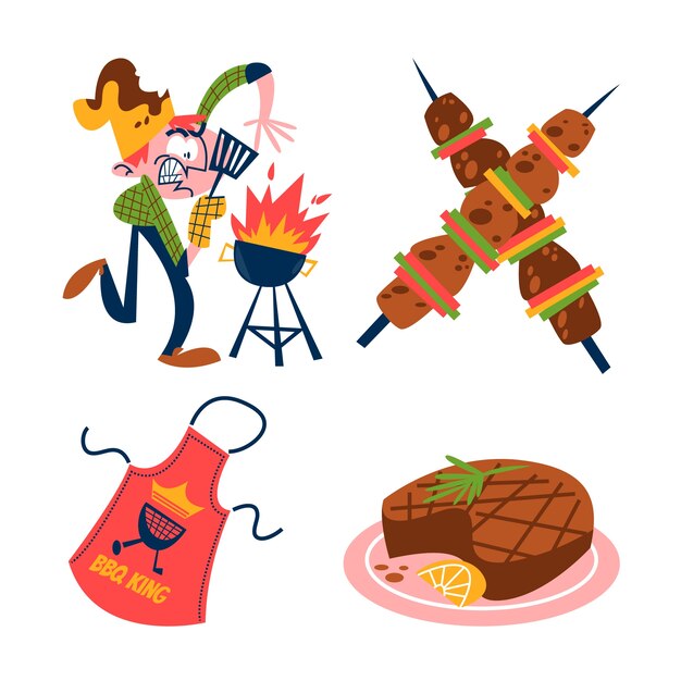 Pegatinas de barbacoa retro dibujadas a mano