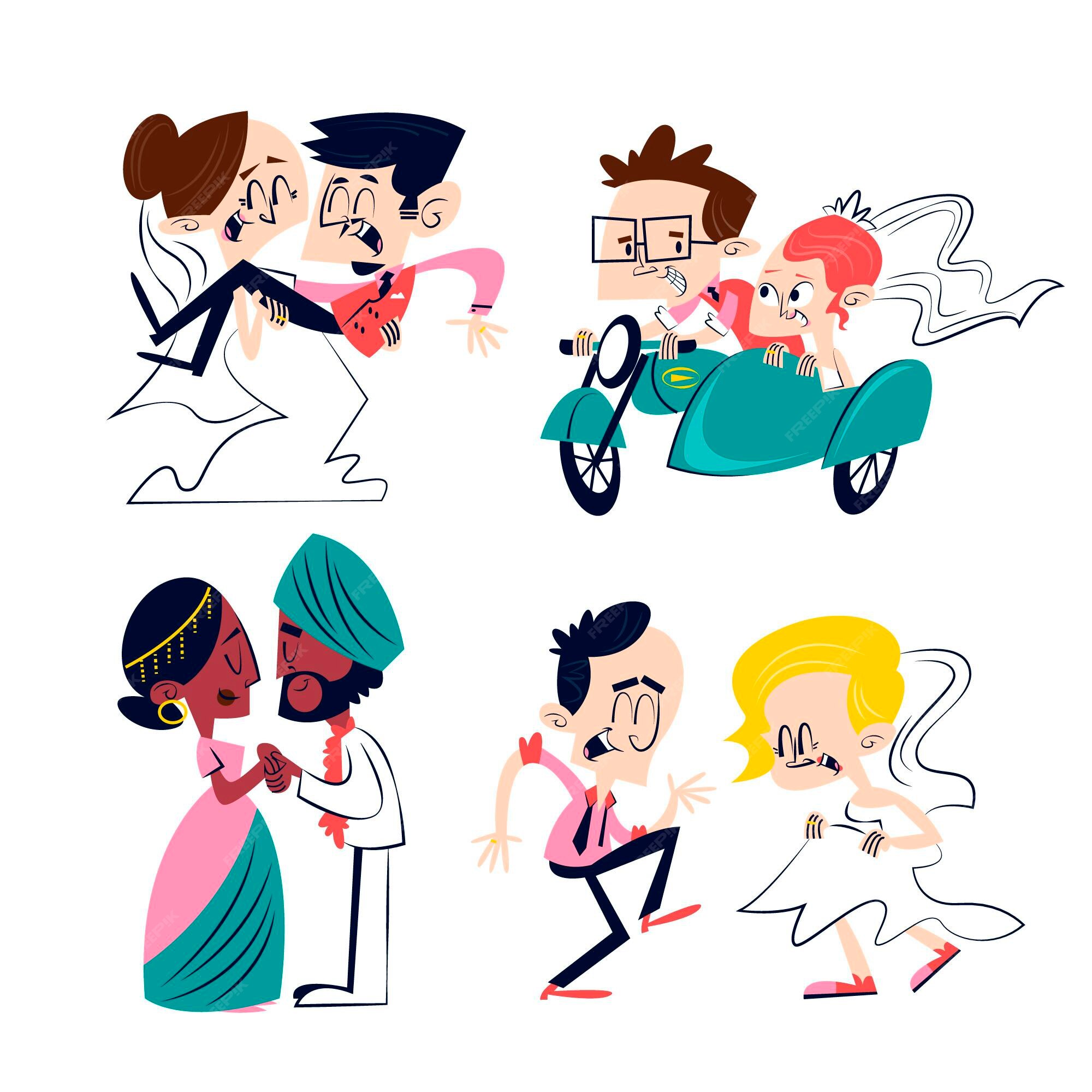 Pegatinas de boda de dibujos animados retro con varias parejas | Vector Gratis Pegatinas de boda de dibujos animados retro con varias parejas | Vector Gratis