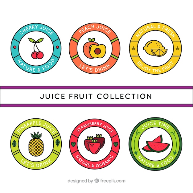 Pegatinas circulares dibujadas a mano de zumo de frutas